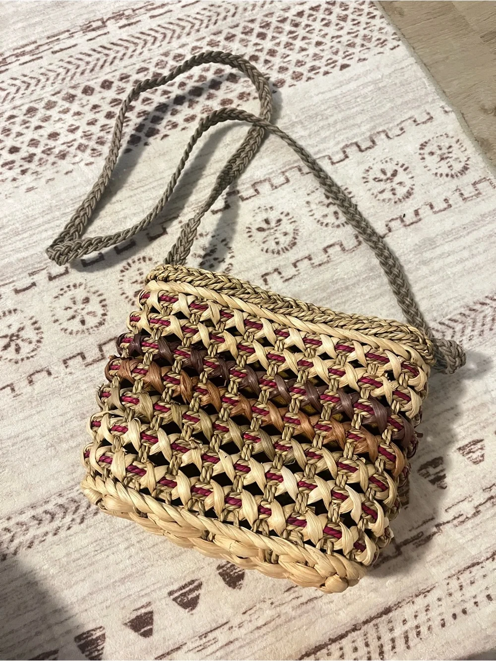 Woven Straw Crossbody Bag in Natural and Burgundy